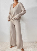 Women's Rib Knit V-Neck Top and Wide-Leg Trouser Set - Beige