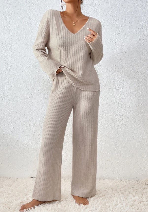 Women's Rib Knit V-Neck Top and Wide-Leg Trouser Set