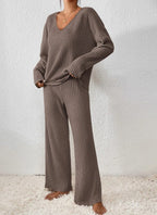 Women's Rib Knit V-Neck Top and Wide-Leg Trouser Set