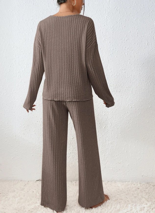 Women's Rib Knit V-Neck Top and Wide-Leg Trouser Set