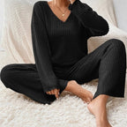 Women's Rib Knit V-Neck Top and Wide-Leg Trouser Set