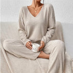 Women's Rib Knit V-Neck Top and Wide-Leg Trouser Set