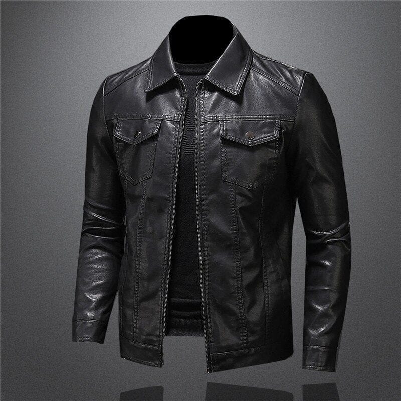 Men's Leather-Look Collared Jacket with Chest Pockets