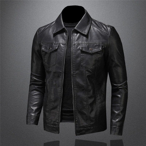 Men's Leather-Look Collared Jacket with Chest Pockets
