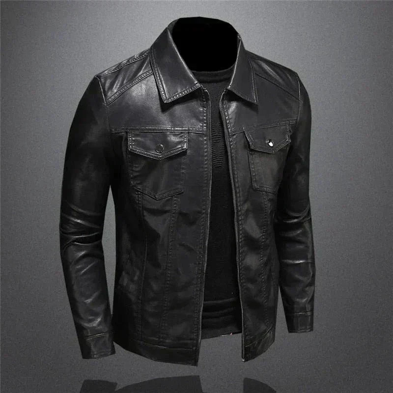 Men's Leather-Look Collared Jacket with Chest Pockets