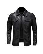 Men's Leather-Look Collared Jacket with Chest Pockets – Black