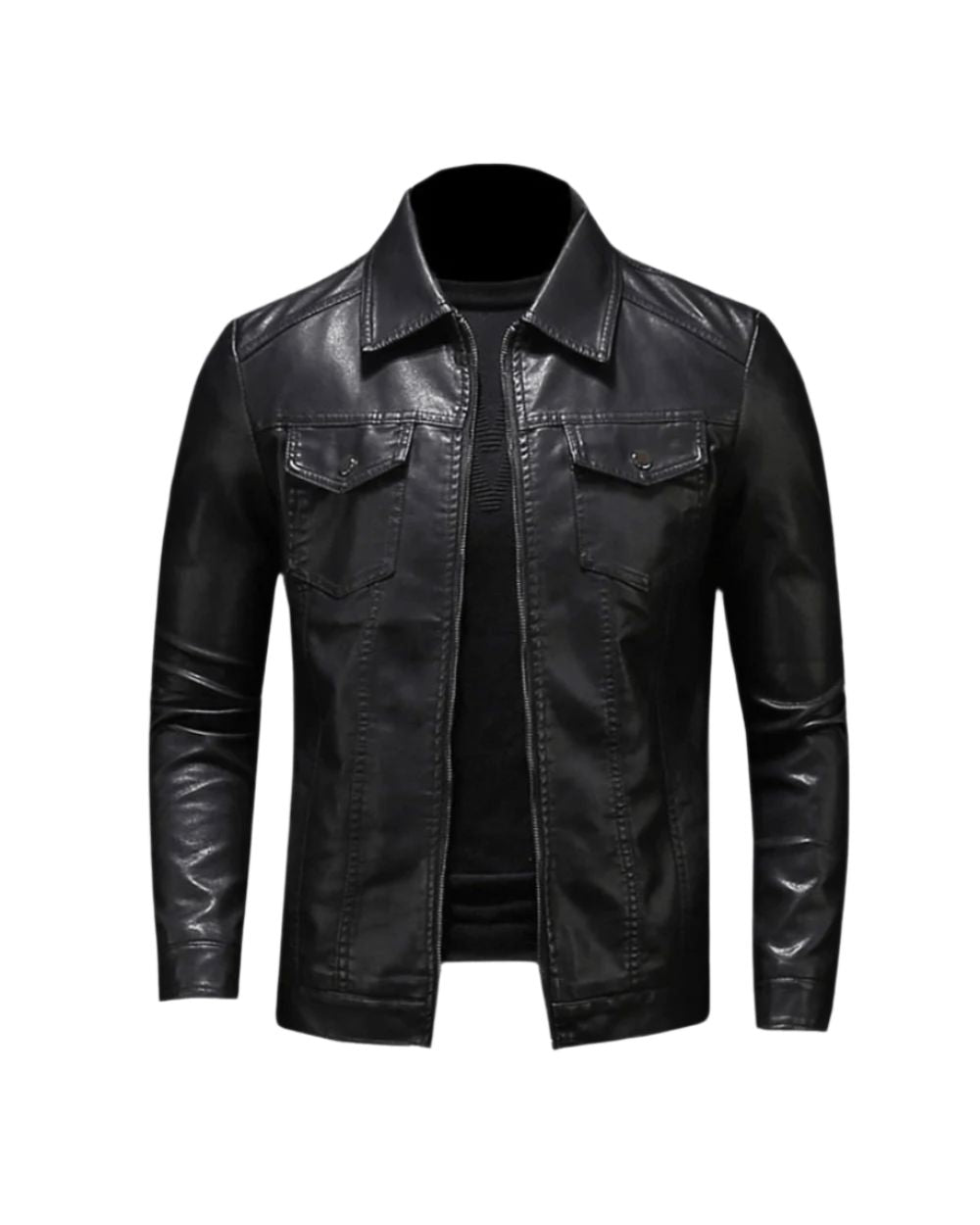 Men's Leather-Look Collared Jacket with Chest Pockets – Black