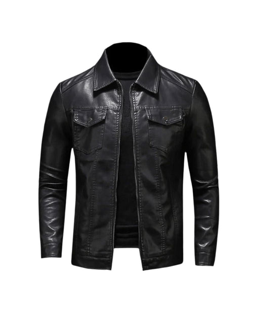 Men's Leather-Look Collared Jacket with Chest Pockets – Black