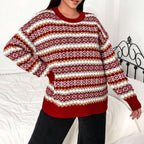 Women's Red Fair Isle Knit Jumper with Crew Neckline