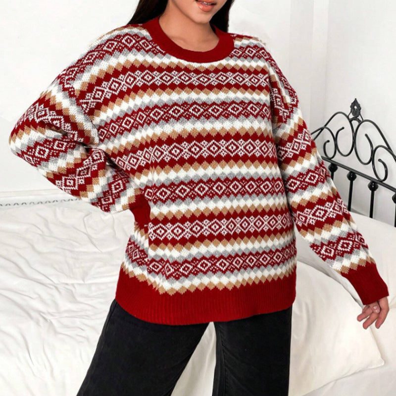 Women's Red Fair Isle Knit Jumper with Crew Neckline