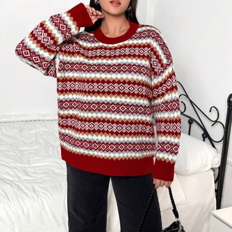 Women's Red Fair Isle Knit Jumper with Crew Neckline