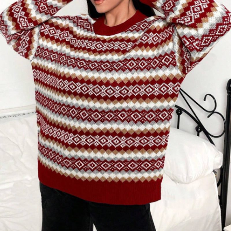 Women's Red Fair Isle Knit Jumper with Crew Neckline