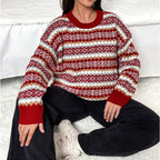 Women's Red Fair Isle Knit Jumper with Crew Neckline