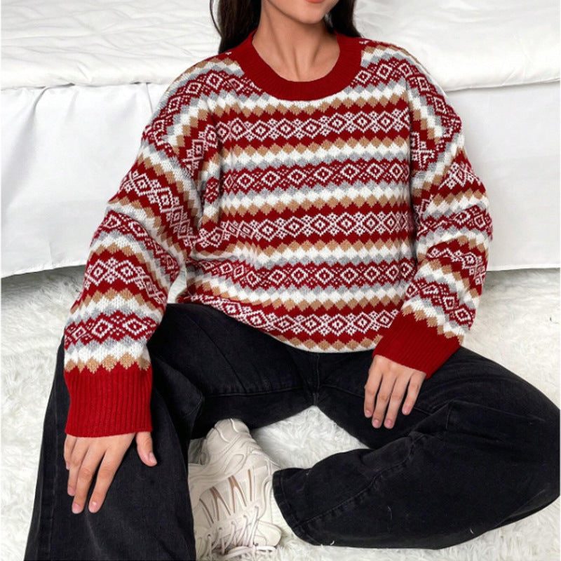 Women's Red Fair Isle Knit Jumper with Crew Neckline