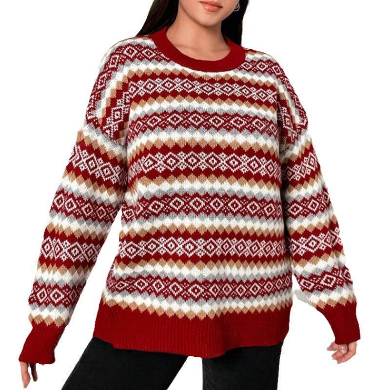 Women's Red Fair Isle Knit Jumper with Crew Neckline