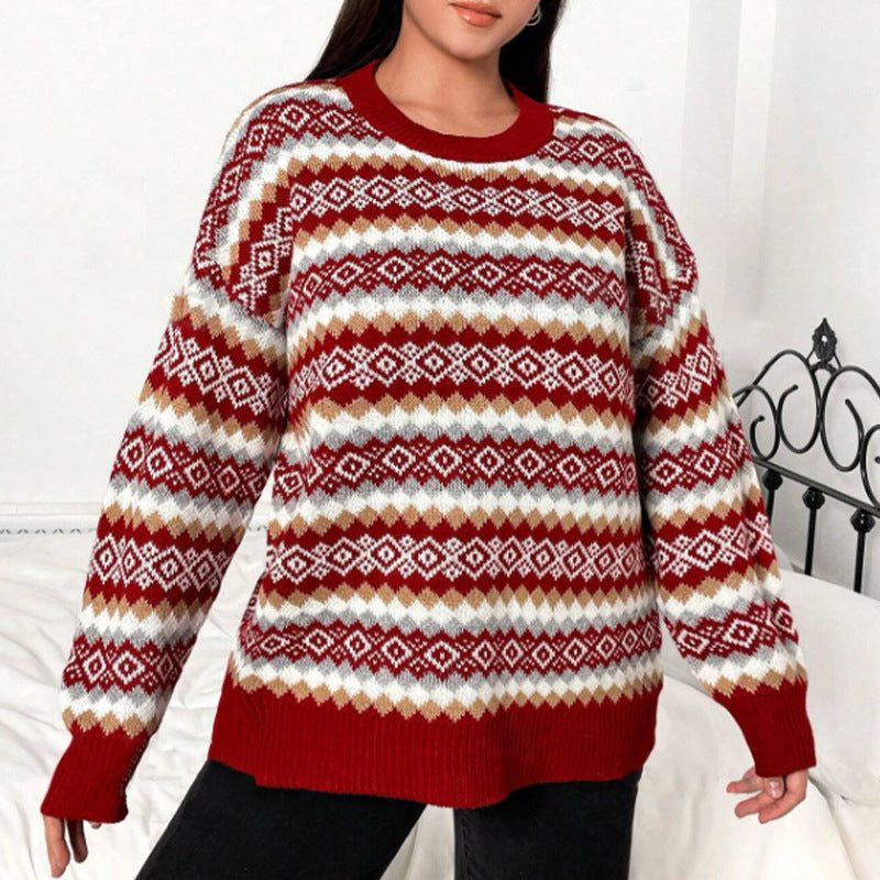 Women's Red Fair Isle Knit Jumper with Crew Neckline - Red