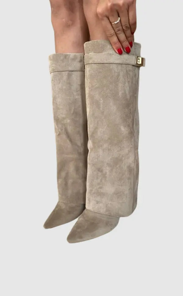 Women's Leather Tall Boots with Slim Refined Heel – Taupe