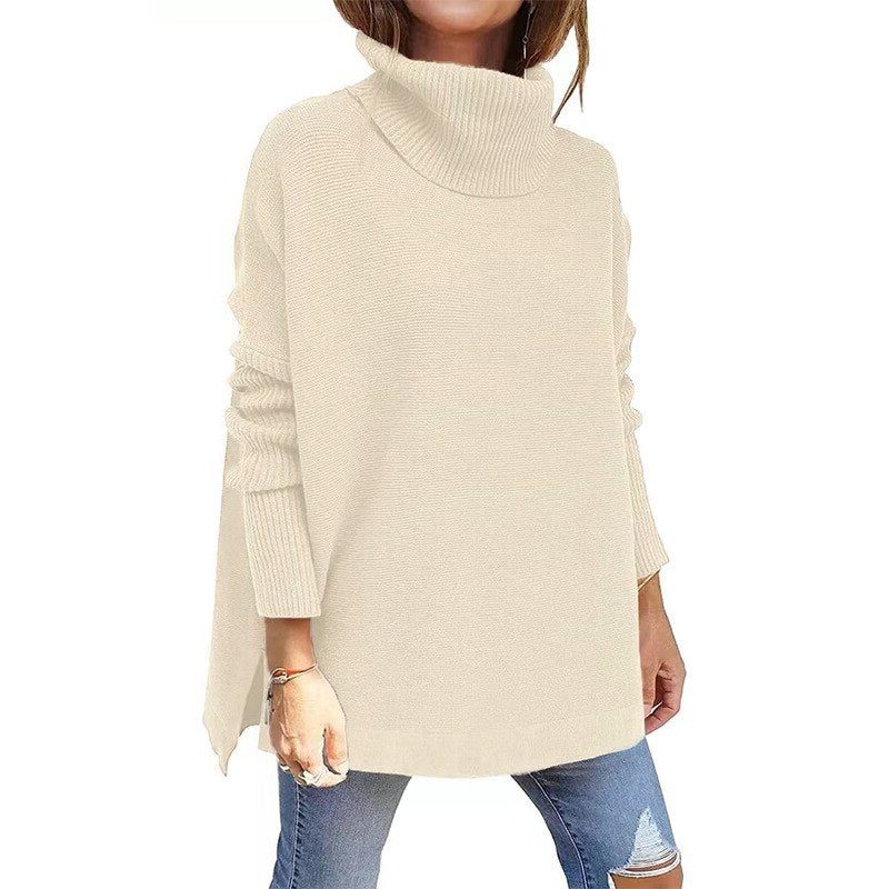 Women's Longline Vertical Rib Polo Neck Jumper - Beige