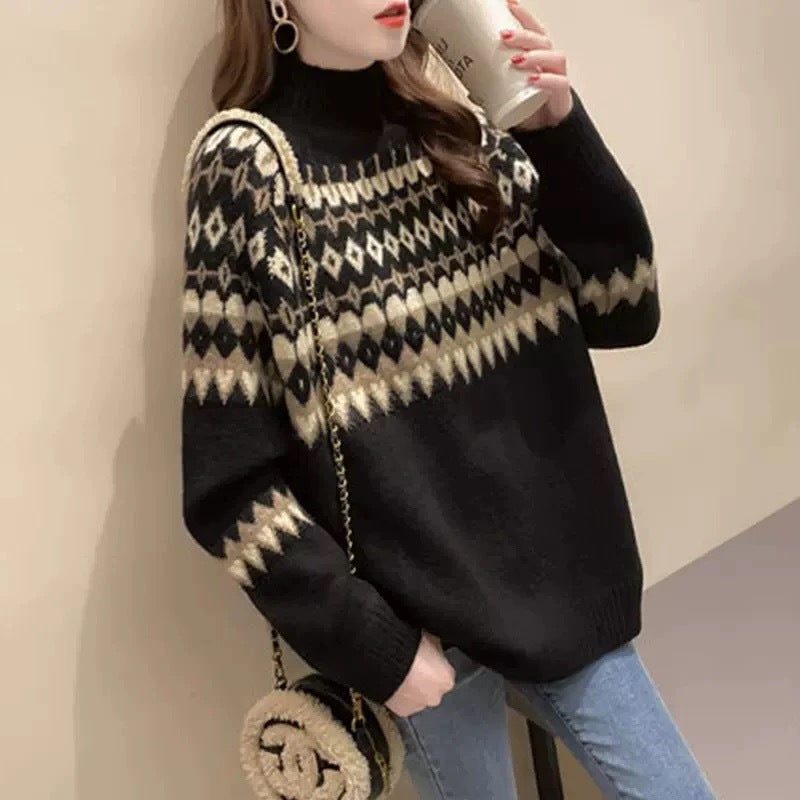 Women's Roll Neck Fair Isle Jumper with Plain Sleeves