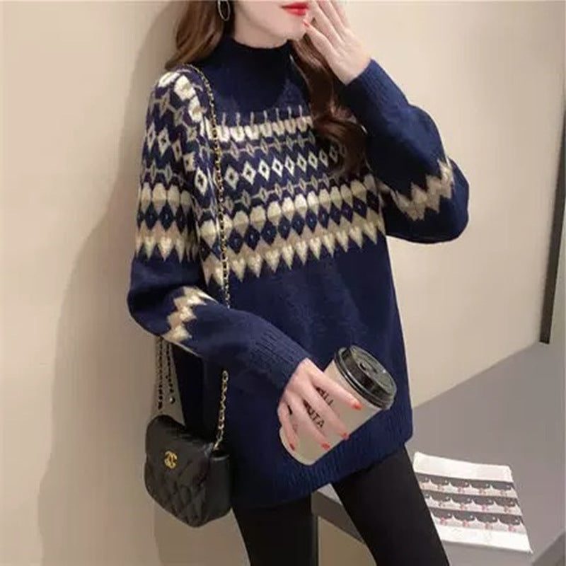 Women's Roll Neck Fair Isle Jumper with Plain Sleeves