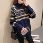 Women's Roll Neck Fair Isle Jumper with Plain Sleeves