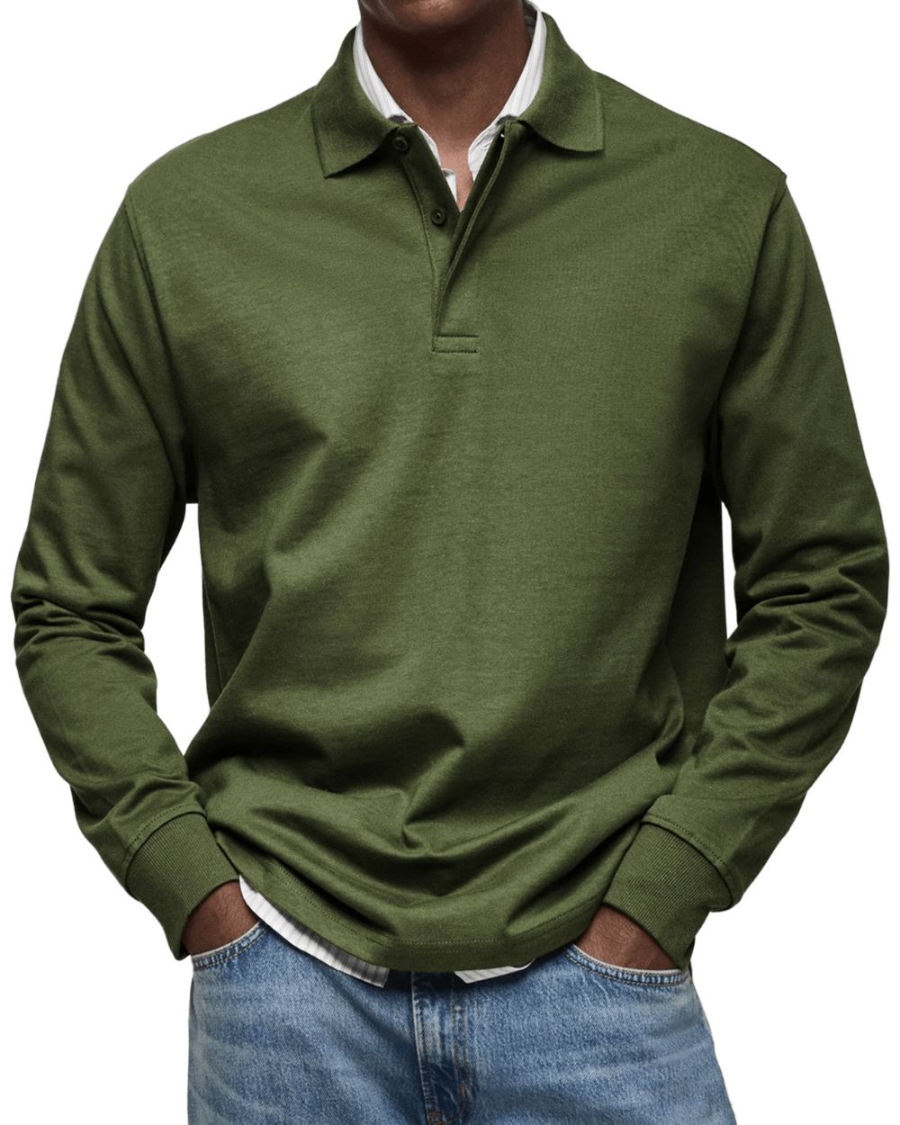 Men's Buttoned Collar Knit Polo Jumper Long Sleeve – Army Green