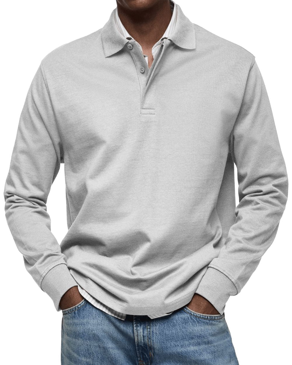 Men's Buttoned Collar Knit Polo Jumper Long Sleeve – White
