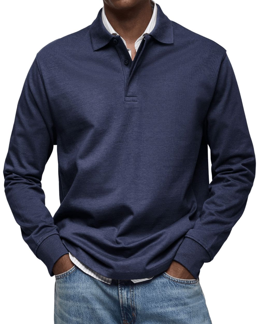 Men's Buttoned Collar Knit Polo Jumper Long Sleeve – Navy Blue