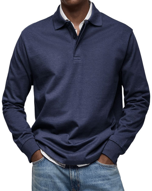 Men's Buttoned Collar Knit Polo Jumper Long Sleeve – Navy Blue