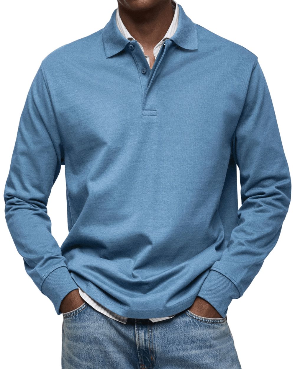 Men's Buttoned Collar Knit Polo Jumper Long Sleeve – Blue