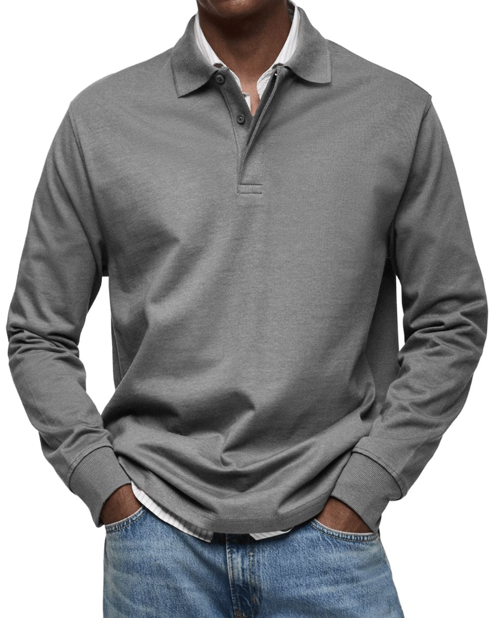 Men's Buttoned Collar Knit Polo Jumper Long Sleeve – Grey