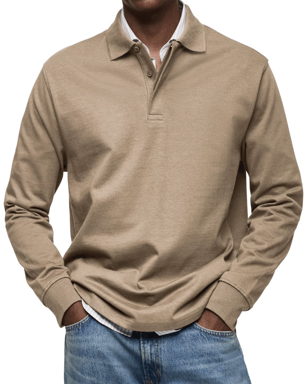 Men's Buttoned Collar Knit Polo Jumper Long Sleeve – Khaki