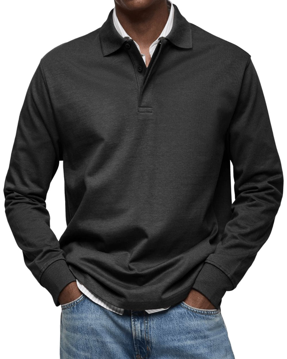 Men's Buttoned Collar Knit Polo Jumper Long Sleeve – Black