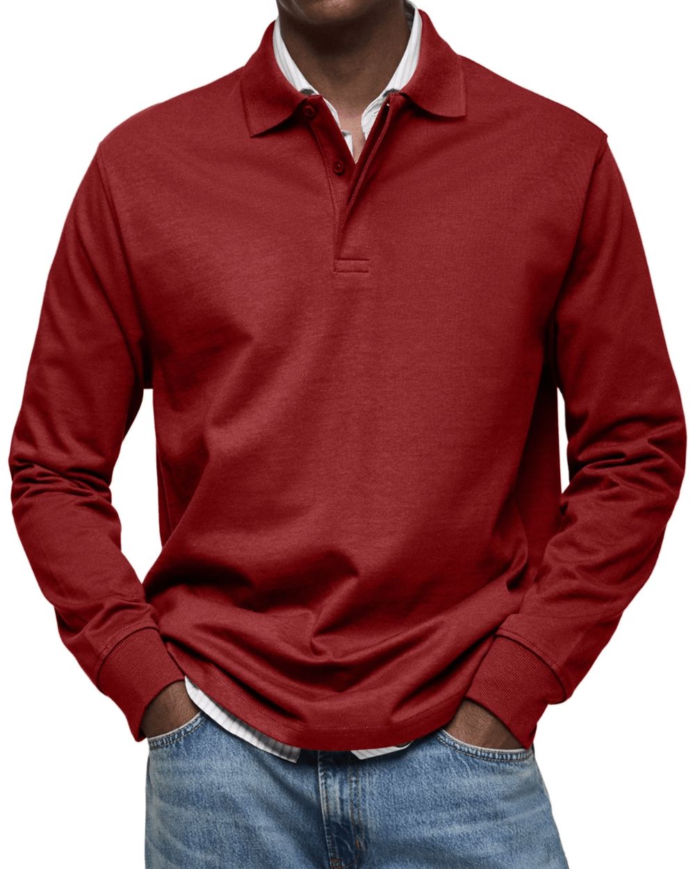 Men's Buttoned Collar Knit Polo Jumper Long Sleeve – Red