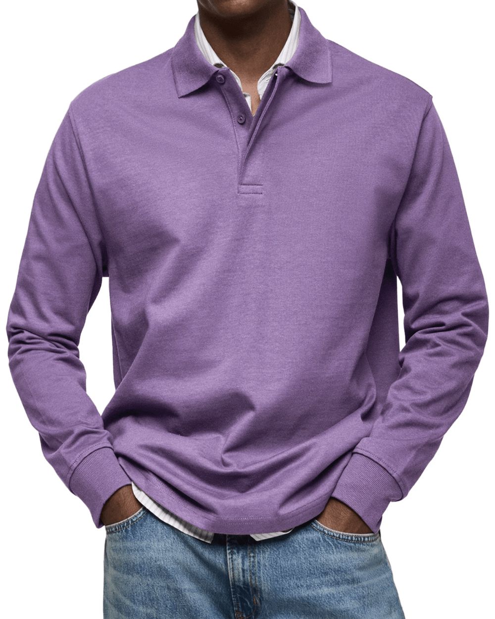 Men's Buttoned Collar Knit Polo Jumper Long Sleeve – Light Purple