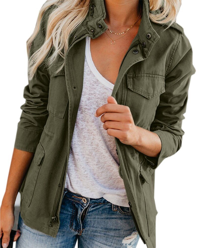 Women's Longline Button-Up Utility Jacket - Military Green