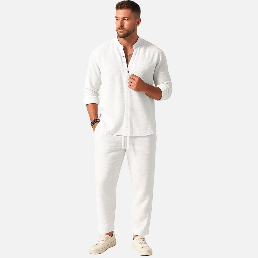 Men's Band Collar Shirt and Drawstring Trouser Two-Piece Set – White