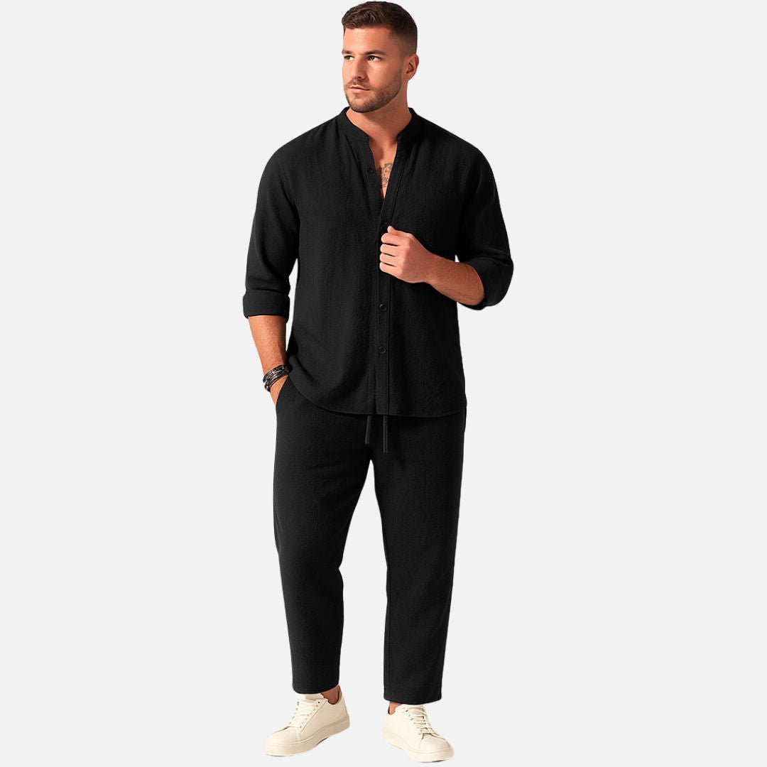 Men's Band Collar Shirt and Drawstring Trouser Two-Piece Set – Black