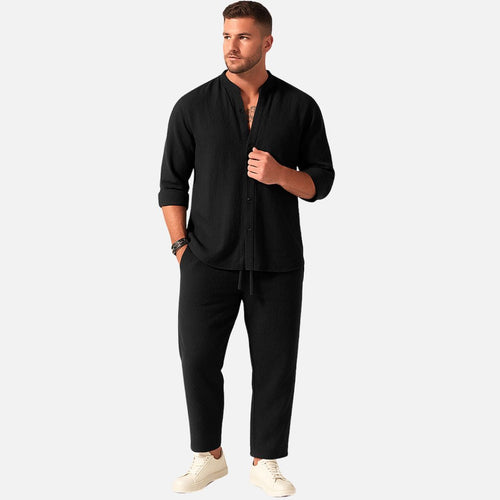 Men's Band Collar Shirt and Drawstring Trouser Two-Piece Set – Black