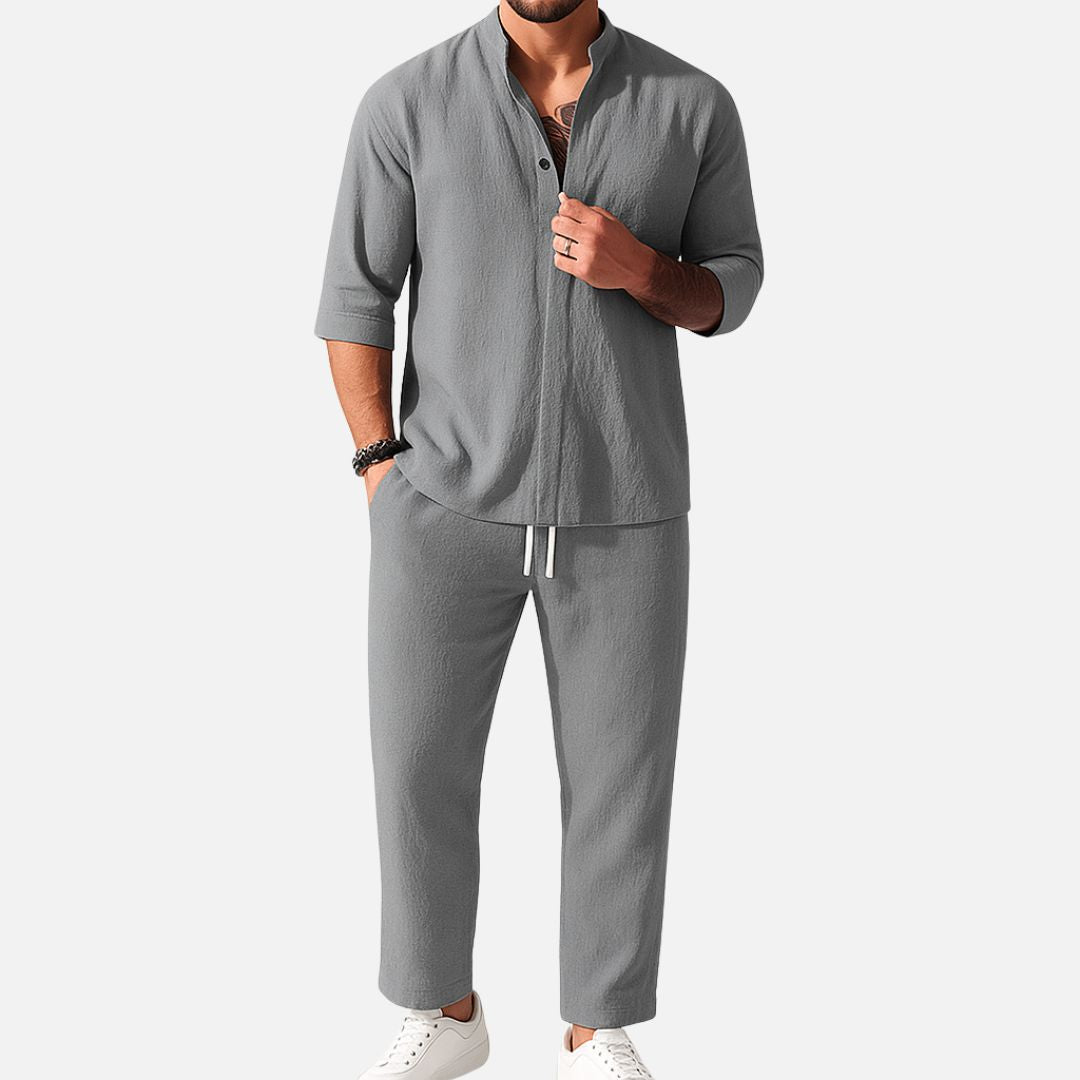 Men's Band Collar Shirt and Drawstring Trouser Two-Piece Set – Grey