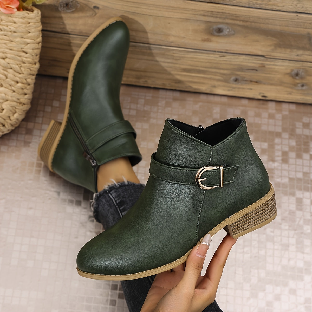 Women's Round Toe Chelsea Boots with Buckle Strap Detail