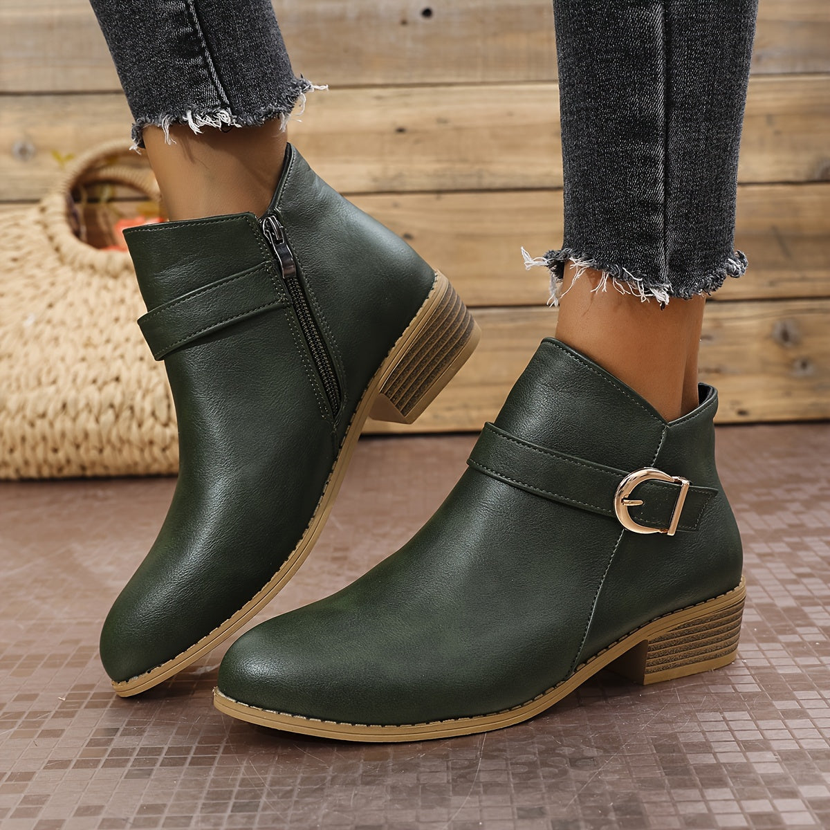Women's Round Toe Chelsea Boots with Buckle Strap Detail – Green