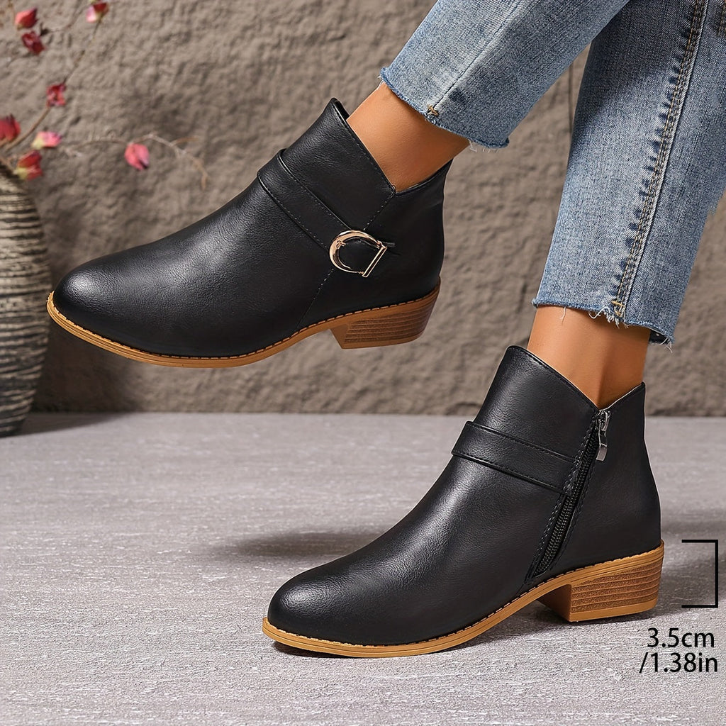 Women's Round Toe Chelsea Boots with Buckle Strap Detail – Black