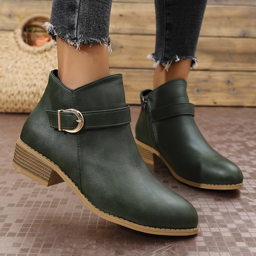 Women's Round Toe Chelsea Boots with Buckle Strap Detail