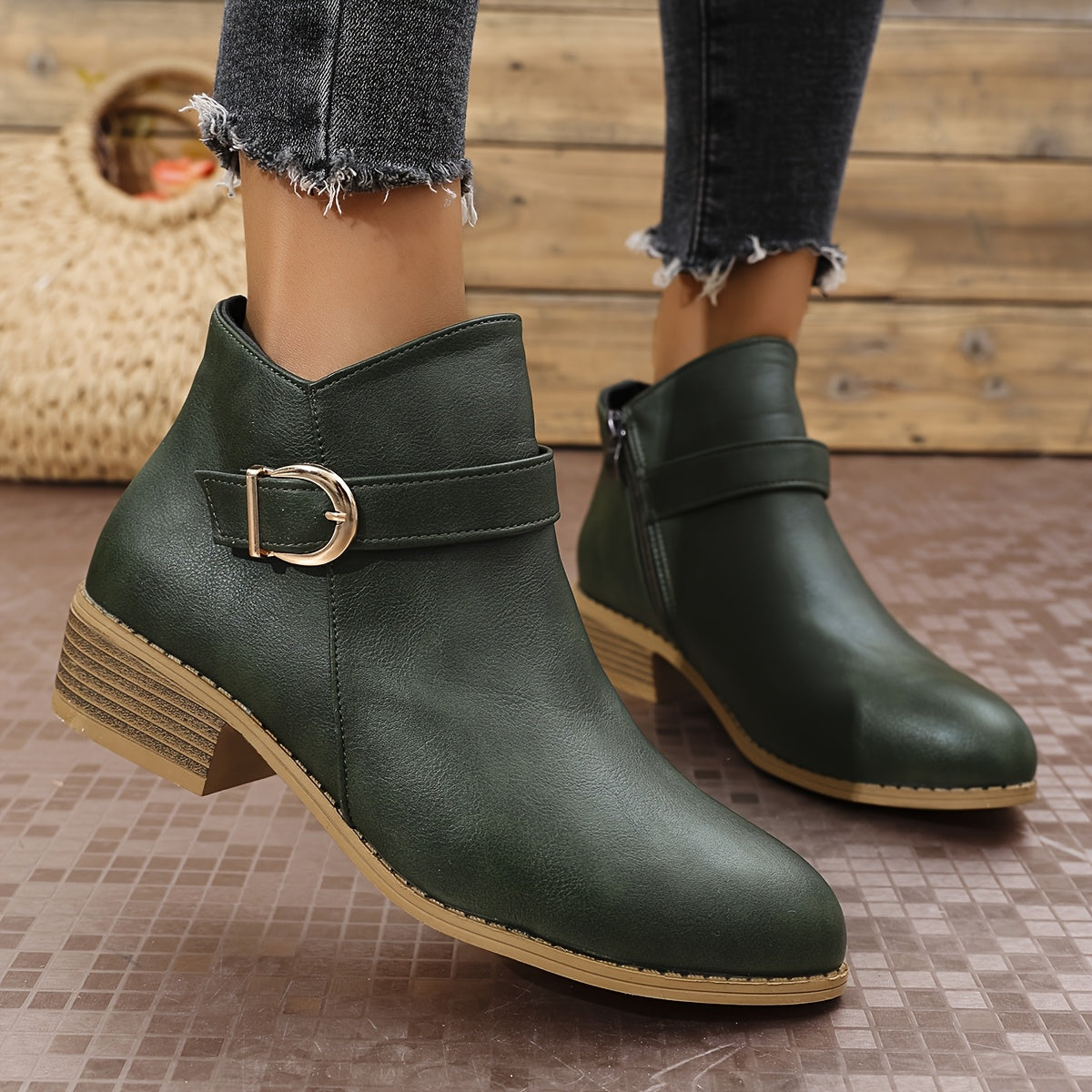 Women's Round Toe Chelsea Boots with Buckle Strap Detail
