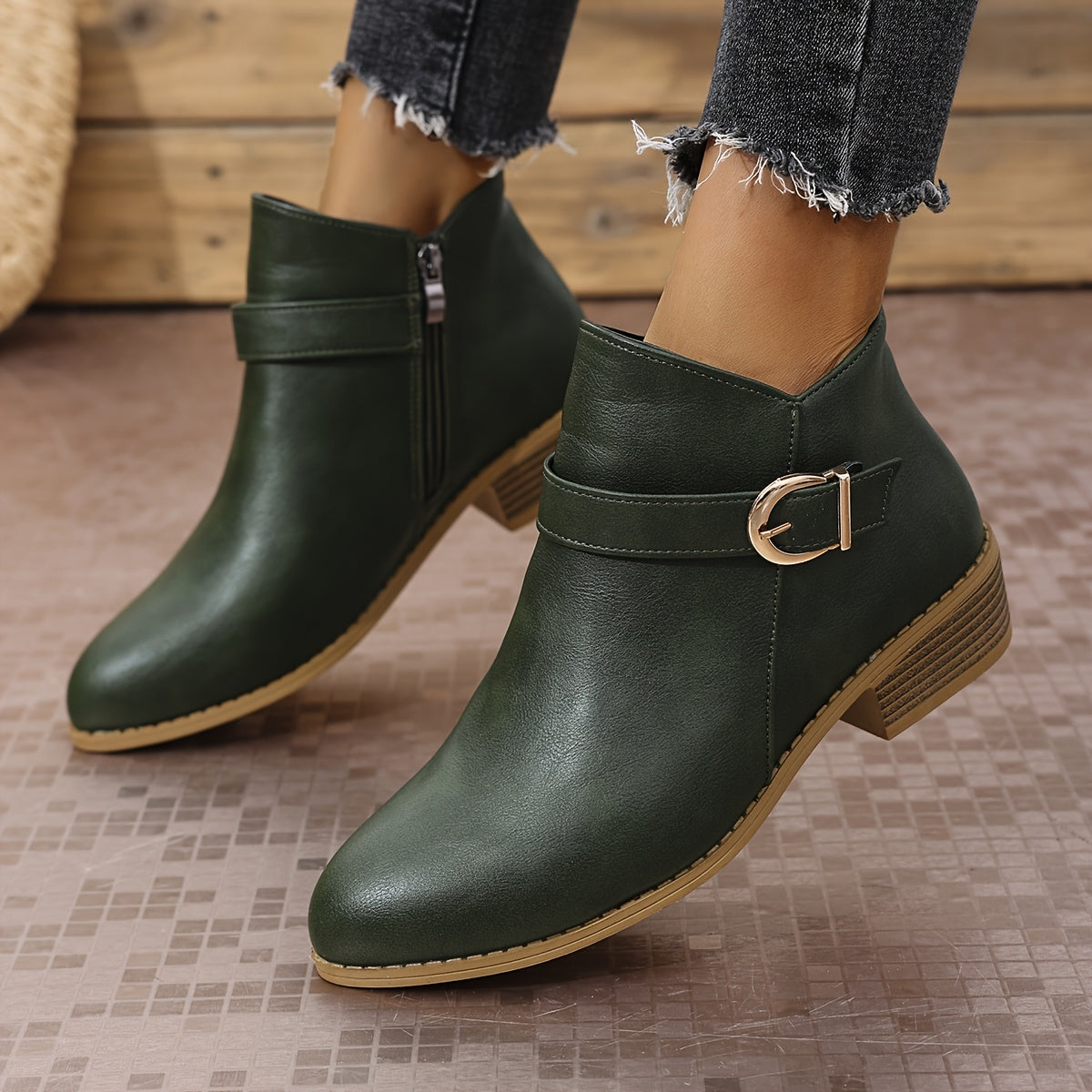 Women's Round Toe Chelsea Boots with Buckle Strap Detail