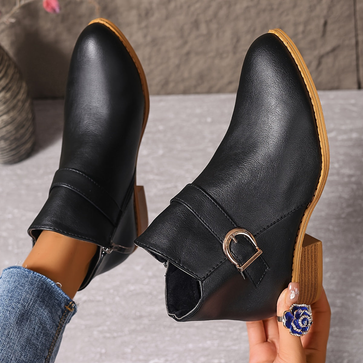 Women's Round Toe Chelsea Boots with Buckle Strap Detail