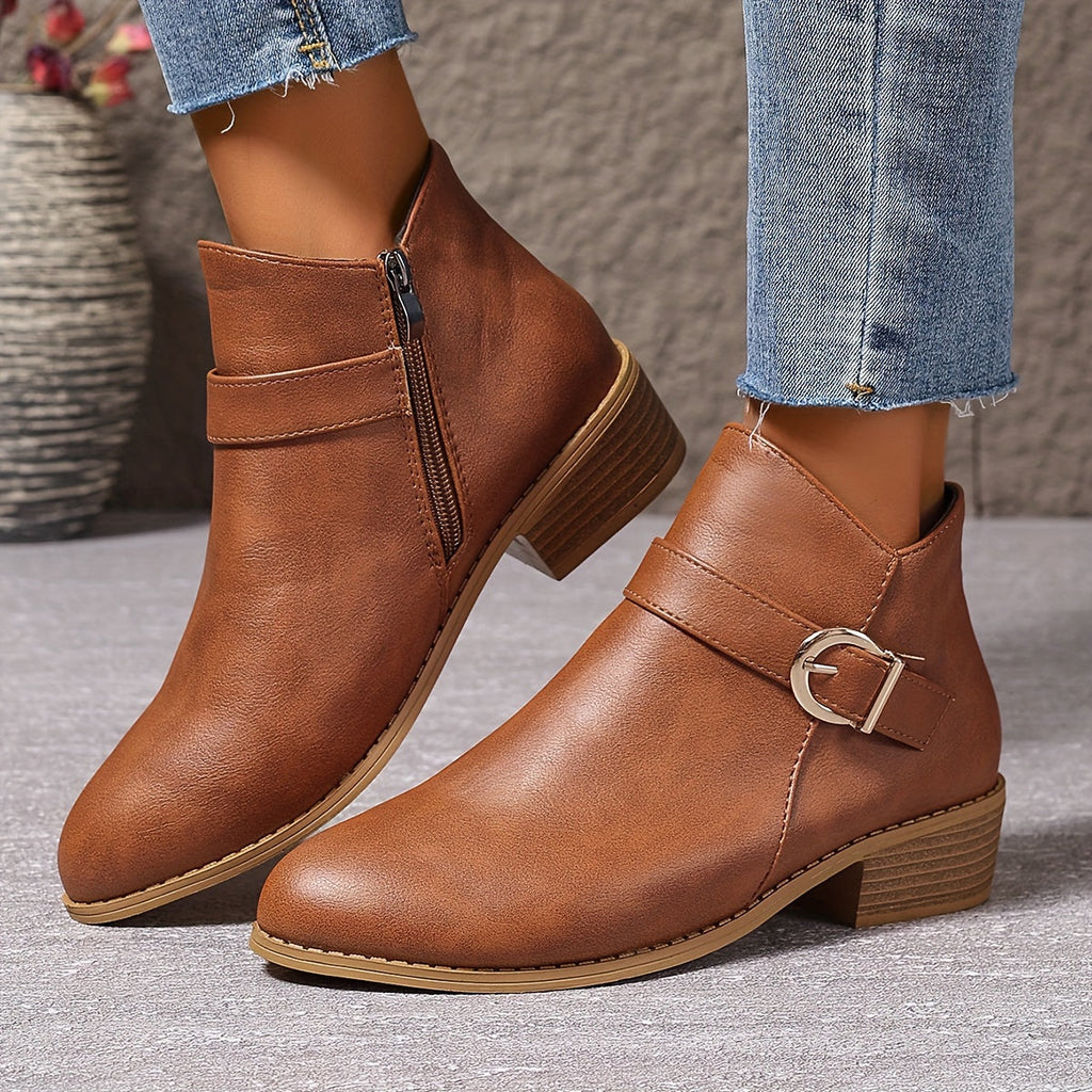 Women's Round Toe Chelsea Boots with Buckle Strap Detail