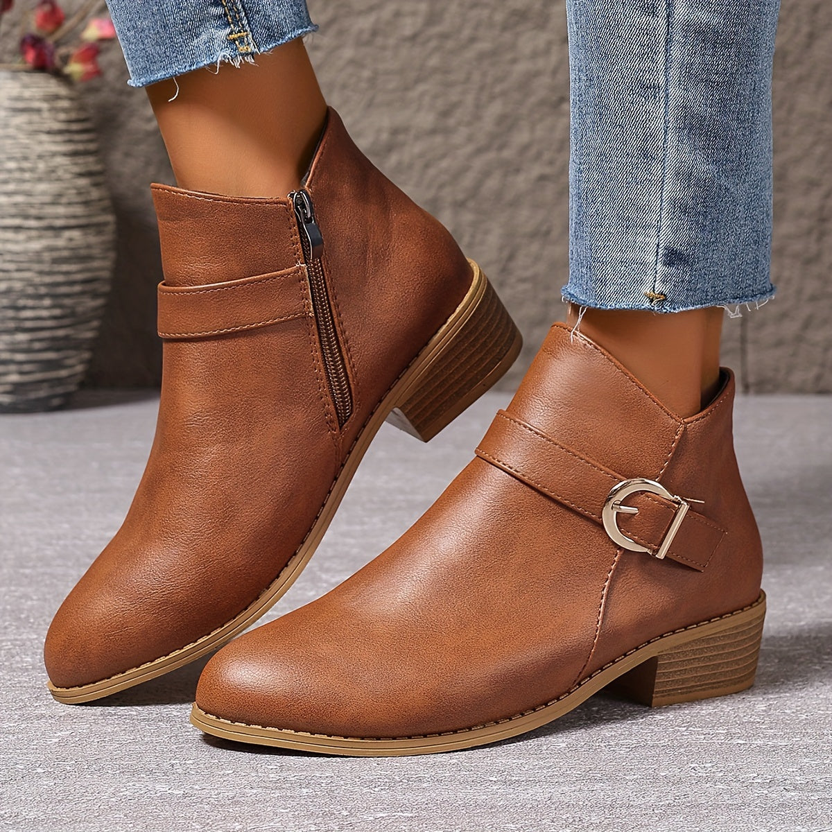 Women's Round Toe Chelsea Boots with Buckle Strap Detail