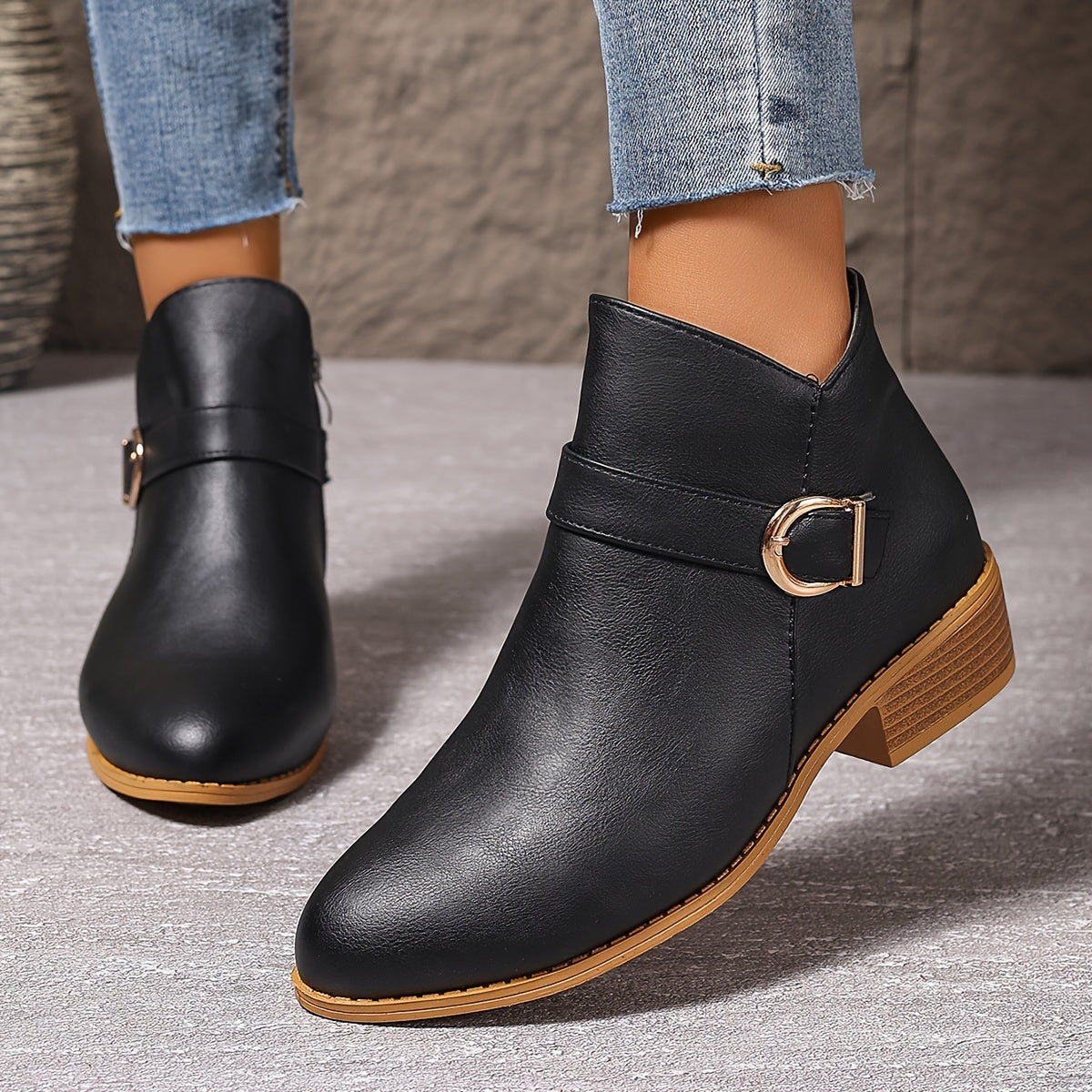 Women's Round Toe Chelsea Boots with Buckle Strap Detail